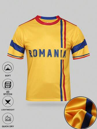 SURUIDA 1pc Men's Romania Football Jersey, Blokecore Style Short Sleeve Shirt, Comfortable Football Top Suitable For Team Matches, Casual Sports And Daily Wear, Summer