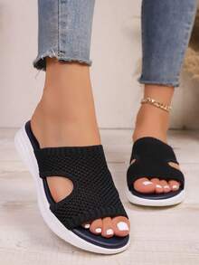 1 paire de sandales plates de plage/sport en tissu ajouré de style preppy, nouvelles chaussures décontractées à la mode pour la plage, les vacances, les mariages, l'école, les fêtes, l'été - Noir - Voir 4