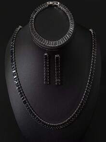 3 件套方晶锆石长方形项链、手链和耳环套装，适合女性婚礼和派对