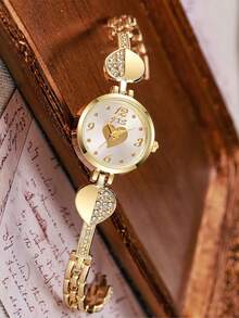 Women's Fashion Minimalist Round Heart Pattern Mixed Scale Diamond-Set Heart Quartz Watch 1pc/Set - Rose Gold - View 3