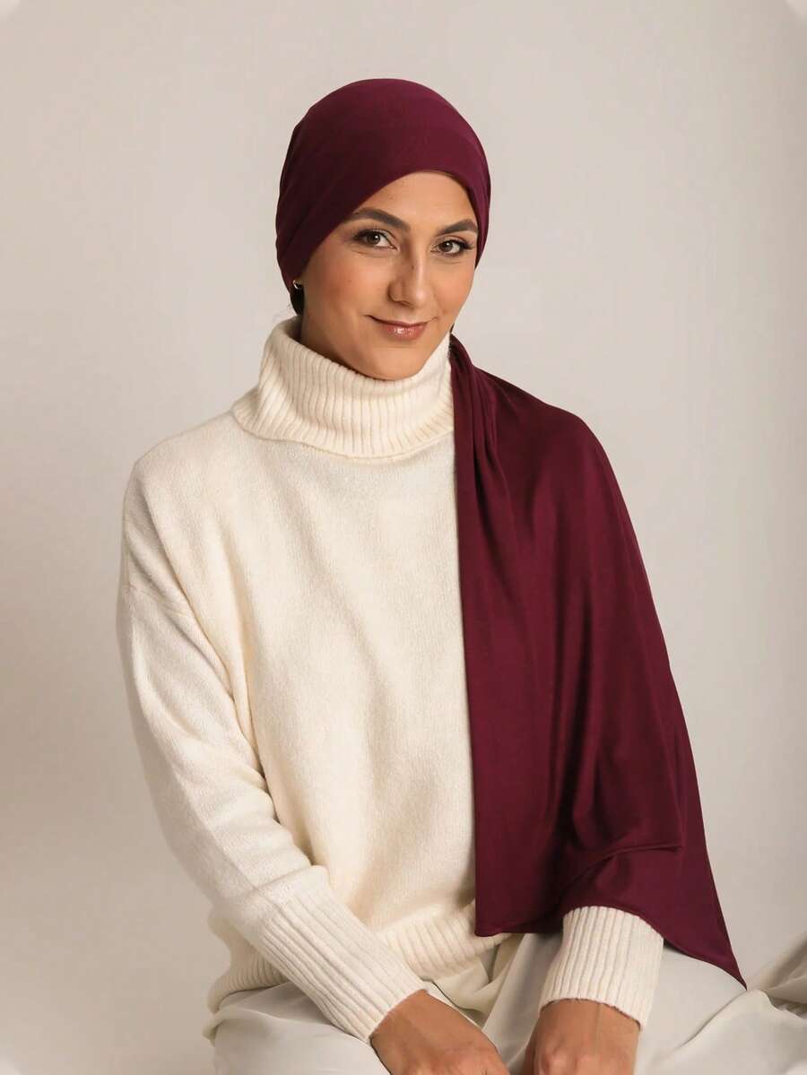 1pc Women Plus Size Solid Color Soft Hijab Scarf Shawl 170*60cm - Burgundy - View 1