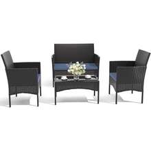 4-Piec Rattan Outdoor Furniture Patio Conversation Set For Backyard, Porch, Poolside W/Coffee Table-Sand - Blue - View 3