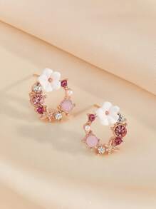2pcs Fashionable Earrings With Rhinestone Flower, Creative Earrings For Girls - Multicolor - View 2