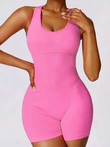 Yefecy Yoga Basic Solid Rib-Knit Seamless Sports Romper,Ribbed Solid Color Fashion Sports Jumpsuit,High Elastic Yoga Bodysuit,Women's Activewear,Spring And Summer Shapewear Bodysuit - Watermelon Pink - View 4