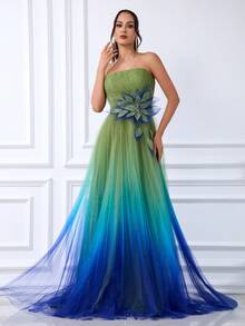 DELLA COUTURE Elegant Luxury Gradient Beaded Sequin Appliques Strapless Floor-Length Evening Gown Ideal For Formal Occasions Such As Banquets Weddings Proms And Parties. - Green - View 3