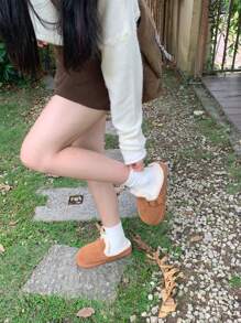 XIXITIAO 1双女士秋冬简约抽绳金属扣复古休闲一脚蹬乐福鞋，毛绒鞋头，浅棕色 - 棕色 - 查看 9