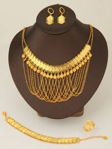 5 件/套时尚流苏链多层项链、金币、圆形硬币吊坠、耳环、手链、戒指、珠宝套装、新娘结婚珠宝、女性节日黄金珠宝 - 金黃色 - 查看 12