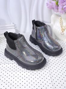 时尚新款婴儿靴，适合幼儿/大童的儿童靴，高帮女童踝靴，带侧拉链，平底休闲亮面皮革短靴 - 黑色 - 查看 2