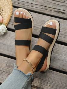 女士多帶平底涼鞋,度假黑色織物露跟涼鞋 - 黑色 - 查看 2