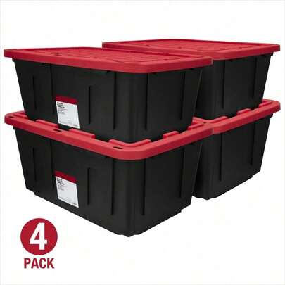 4-Pack 27-Gallon Heavy Duty Storage Bins - Black & Red Snap Lid Containers For Garage Industrial Organization