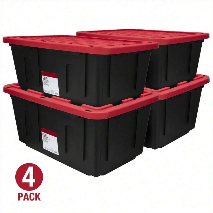 4-Pack 27-Gallon Heavy Duty Storage Bins - Black & Red Snap Lid Containers For Garage Industrial Organization - 27gal - View 1
