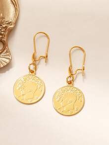 1pair Reconstructed Human Head Coin Earrings Golden Round-Shaped Earrings Suitable For Ladies' Daily Wear - Yellow Gold - View 3