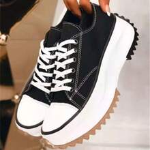 Spring New Low-Top Thick-Soled Canvas Shoes Women, Adhesive Shoes, In-Stock Flat Canvas Shoes, Women's Single Shoes Size 43, Elegant Women's Shoes - 黑色 - 查看 1