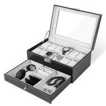 FEILIYA Uten 12 Slot Watch Box With Drawer, Men's Watch Display Case With Glass Cover, Double Layer Jewelry And Watch Storage Box, Unisex, Black