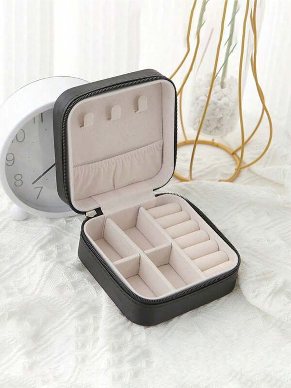 1 pieza Caja de joyería portátil minimalista negra de piel de poliuretano, adecuada para almacenar anillos y collares para mujeres