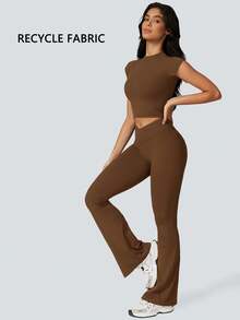 NcmRyu 2Piece Set Women's Solid Crop High Waist Biker Pants Tracksuit Set, Flare Bottoms Legging Streetwear Tracksuit, Sporty Breathable Comfy Outfits For Gym Workout Running, Ladies Sportswear, Minimalistic Outfit - 咖啡棕 - 查看 6