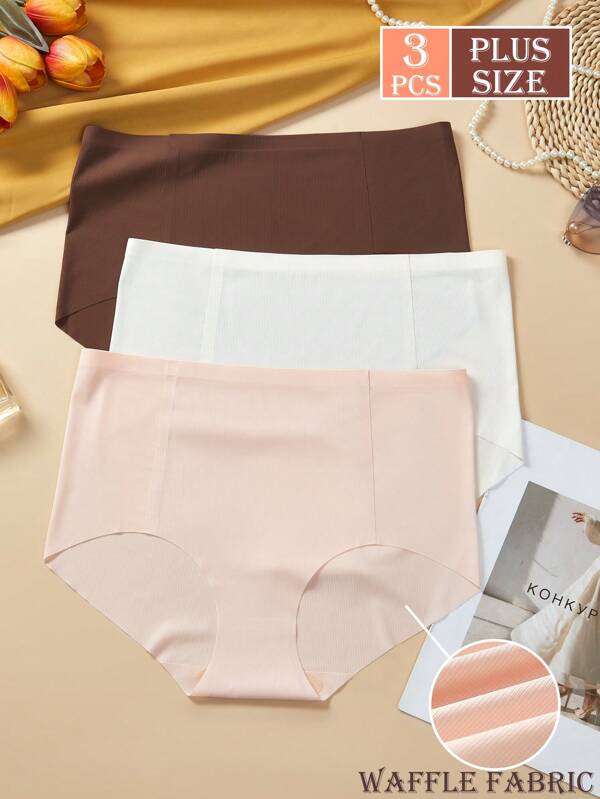 Set de 3 piezas de ropa interior para mujer de talla grande, sin costuras, con textura transpirable y de alta elasticidad, en colores neutros, de tiro medio, suave y cómoda para hacer deporte y usar en casa