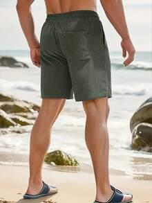 Men's Summer Solid Lightweight Corduroy Breathable Athletic Shorts, Suitable For Daily Casual, Beach Vacation, Corduroy Fabric Shorts For Men - Army Green - View 4