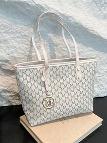 Bolso de hombro estampado, regalo del Día de la Madre para mamá, bolso de mano de gran capacidad con estampado de letras retro, bolso perfecto para transporte diario - Blanco - Ver 1