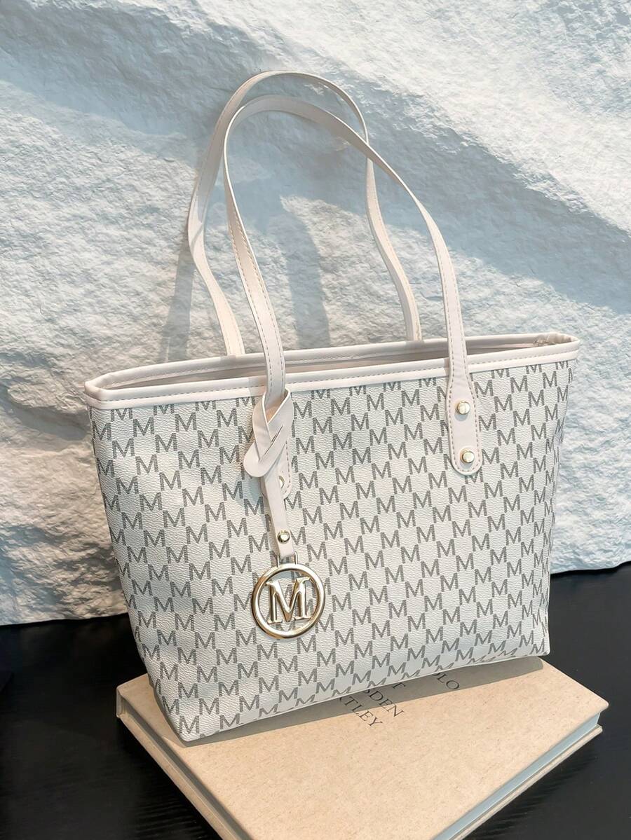 Bolso de hombro estampado, regalo del Día de la Madre para mamá, bolso de mano de gran capacidad con estampado de letras retro, bolso perfecto para transporte diario - Blanco - Ver 1