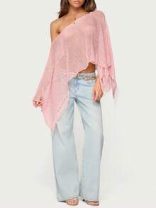 Women's Off-Shoulder Lightweight Crocheted Lace Mesh Tassel Cover-Up – Effortlessly Chic With Breathable Mesh  Flowing Tassels For Beach, Street, Or Casual Outings - 粉色 - 查看 1