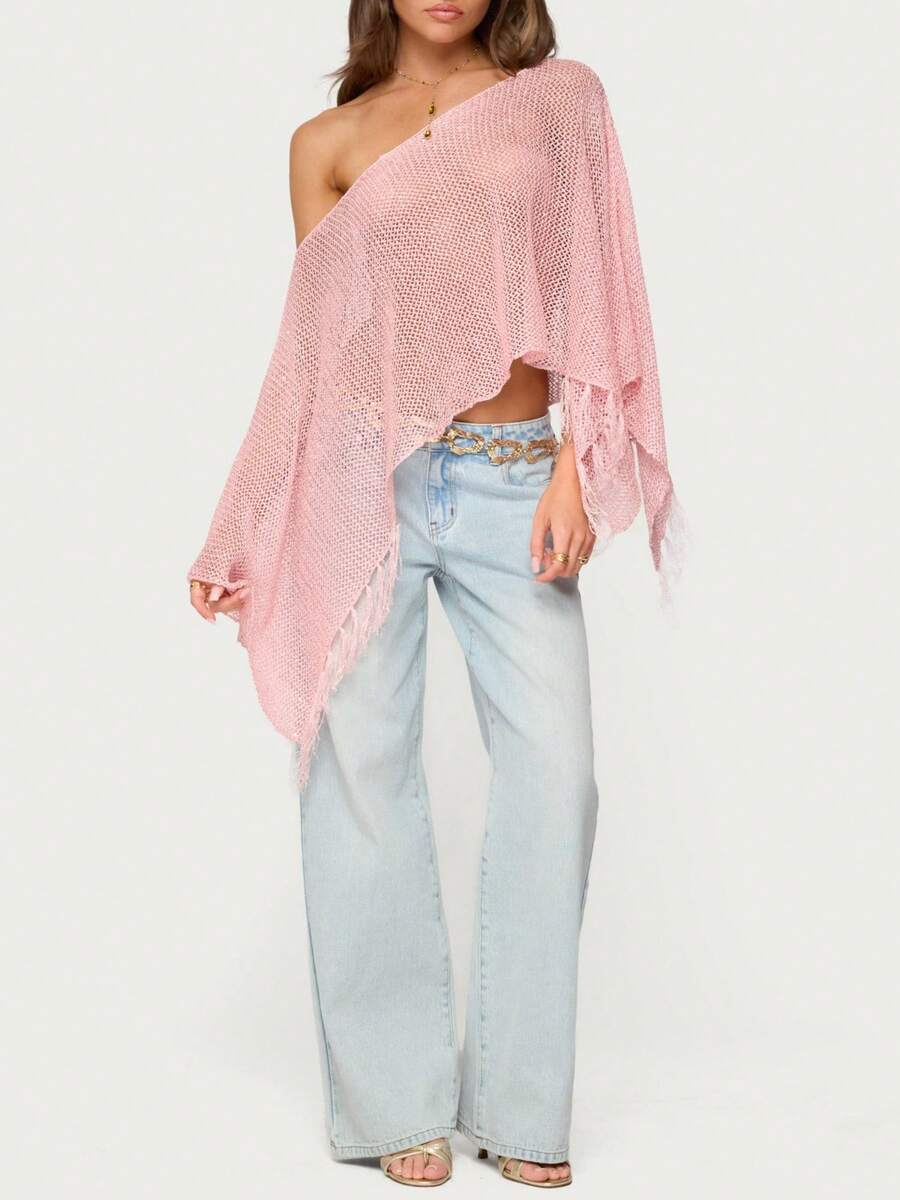 Women's Off-Shoulder Lightweight Crocheted Lace Mesh Tassel Cover-Up – Effortlessly Chic With Breathable Mesh Flowing Tassels For Beach, Street, Or Casual Outings - 粉色 - 查看 1
