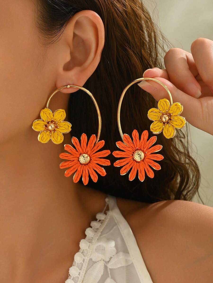 1对时尚纹理线条几何五瓣菊花双色手工编织拉菲草耳环，清新甜美手工编织彩色拉菲草纹理花卉耳环，适合女性日常、度假和派对佩戴（手工编织方式随机，手工制品可能略有胶水残留） - 橘色 - 查看 1