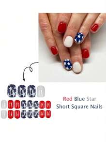 24 faux ongles courts carrés, simples ongles carrés rouges et blancs pour le jour de l'indépendance, ongles bleus et blancs, faux ongles brillants et à la mode, parure détachable et complète pour femmes, convient pour le port quotidien lors de fêtes et de danses