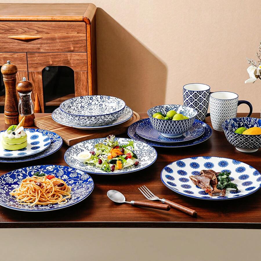 6pcs 10.5 Inch Ceramic Dinner Plates Set - Blue And White Porcelain Serving Dishes For Steak, Pasta, Salad, Pizza, And Pancakes - Durable & Scratch-Resistant - Dishwasher Safe - Great For Housewarmings, Weddings, Birthdays, And Christmas - Màu xanh lam - Xem 1