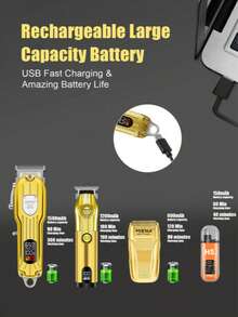 HIENA 4 件套理发套装，2 件金色专业无线理发机 - 网状剃须刀，360 度无死角鼻毛清洁器，带 LED 显示屏，USB 快速充电，多种配件，适用于沙龙、家庭和送礼 - 金色 - 查看 8