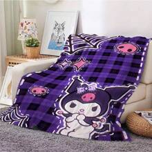 1 件 Sanrio Kuromi 图案柔软毛绒印花法兰绒毯，万圣节骷髅盖毯，适合床、沙发、办公室、露营 - 所有季节，送给家人和朋友的完美万圣节礼物，办公室膝毯 | 卧室装饰 | 蓬松涤纶，格纹设计，紫色盖毯 - 彩色 - 查看 2