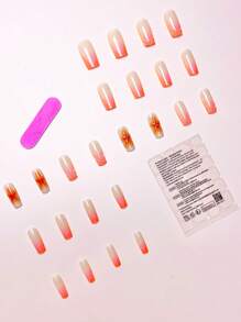 24 piezas/set Puntas de uñas ovaladas de longitud media francesas simples, estilo 3D de flores rosas y naranjas con perlas, uñas postizas reutilizables con pegamento de gelatina y 1 lima de uñas, adecuadas para damas de oficina, citas diarias, té de la tarde, actividades al aire libre