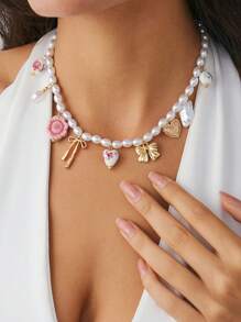 1pc Summer Retro Ceramic Chinese Style Bow, Heart, Asymmetrical Pearl Pendant Necklace, Vacation Style Collar Accessory