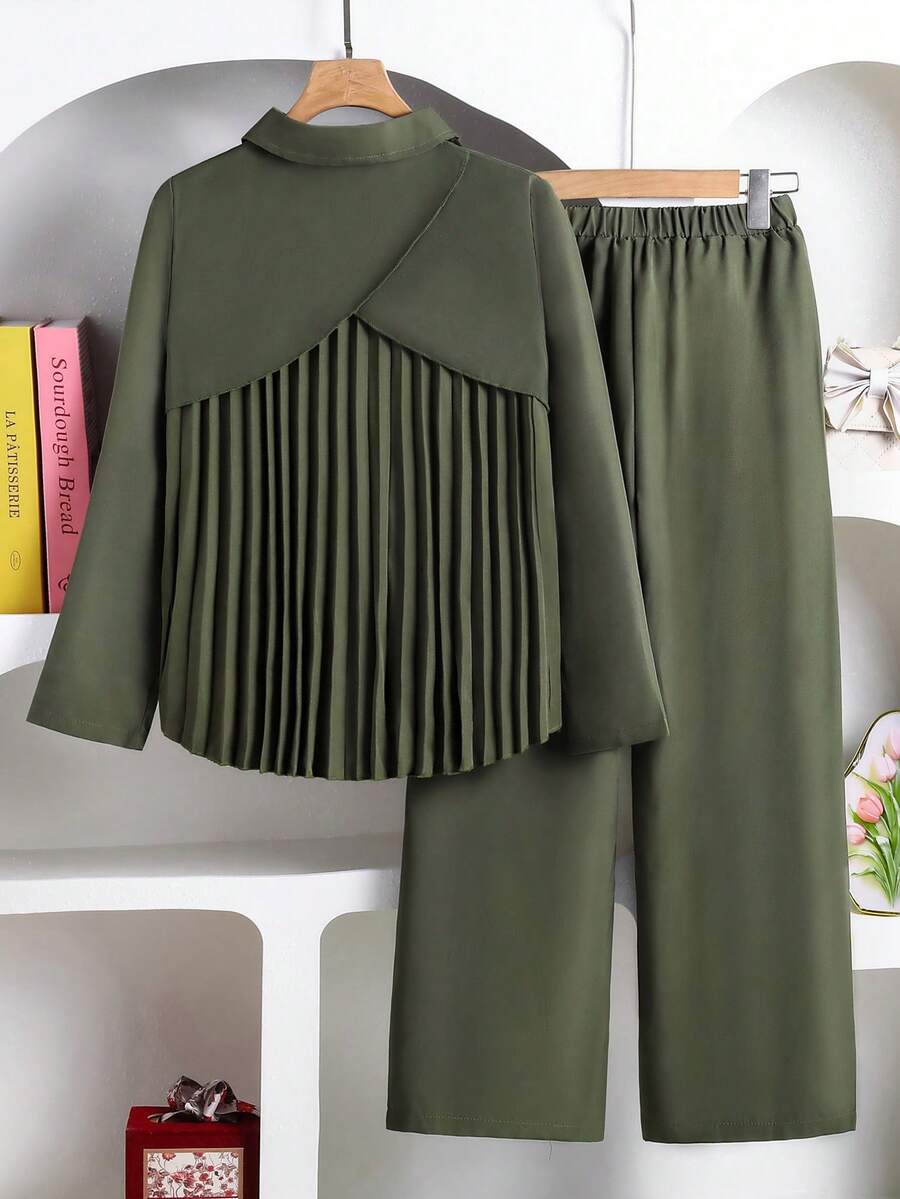 Left Mama Tween GirlsCasual Minimal Pleated Long Sleeve Shirt & Straight Pants Set, Spring/Autumn - Army Green - View 1