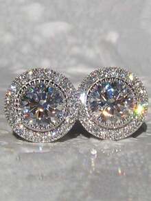 Cubic Zirconia Decor Stud Earrings - Silver - View 10