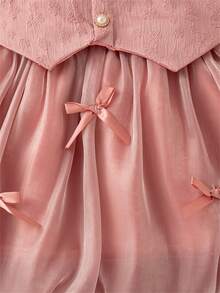 女婴花朵蝴蝶结装饰长袖公主裙，针织拼布二合一甜美派对连衣裙，适合春秋季 - 粉色 - 查看 5