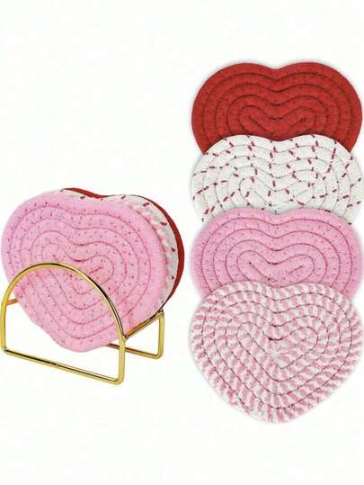 Set de 4 posavasos con forma de corazón para el Día de San Valentín, posavasos tejidos a mano con forma de corazón de color rosa y rojo, posavasos absorbentes antideslizantes adecuados para decoración del hogar, restaurante, té, cafetería y bar (sin estantería)