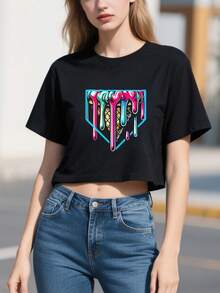 Women's Ice Cream Graphic Crop TShirt Exposed Navel T-Shirt , Women's New Summer Casual Crew Neck Pure Cotton Short-Sleeved T-Shirt(1 PC) - màu đen - Xem 1
