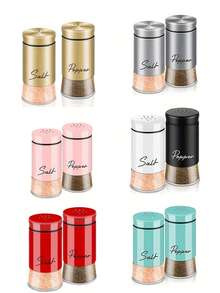 Bộ 2 lọ đựng muối và tiêu, bao gồm lọ đựng muối đáy thủy tinh trong suốt, lọ đựng muối và tiêu bằng kim loại dễ vệ sinh, hộp đựng gia vị, lọ đựng gia vị bằng thủy tinh, hộp đựng lọ gia vị, vật trang trí hoàn hảo cho nhà bếp và bàn ăn, lọ gia vị giúp tăng thêm hương vị cho các bữa ăn tại nhà. - Nhiều màu - Xem 2