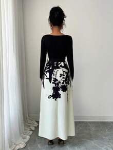 Women's Mixed Color Print Drawstring Round Neck Short/Long Sleeve Dress, Autumn Elegant - Multicolor - View 4