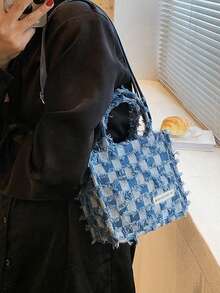 时尚撞色格子手提包，流苏设计休闲斜挎包，厚实零钱包，适合女性日常通勤，春夏季