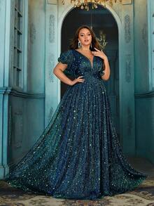 QOQ 大码女士亮面正式派对连衣裙，适合晚宴、生日派对、宴会等场合，荷叶边短袖褶皱后背拉链长款连衣裙，夏季 - 綠色 - 查看 5