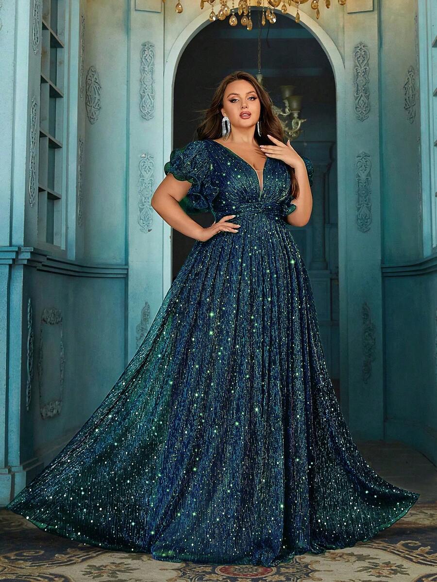 Elisanya Đầm dự tiệc trang trọng cho nữ cỡ lớn lấp lánh Đầm dạ hội mùa hè cho tiệc tối, tiệc sinh nhật, tiệc tối Đầm dài xếp ly tay ngắn có khóa kéo phía sau - màu xanh lá - Xem 1