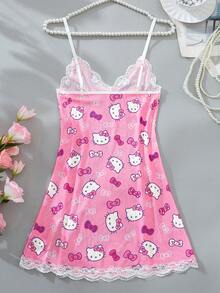 SANRIO 1pc Nữ  màu hồng dễ thương in kỹ thuật số, Bộ đồ ngủ màu hồng, Váy ngủ dễ thương, Cổ chữ V, Ren tương phản, Xẻ tà bên hông, Lưới mỏng & hở lưng, Váy lót gợi cảm, Rave cho đi chơi - Hồng - Xem 7