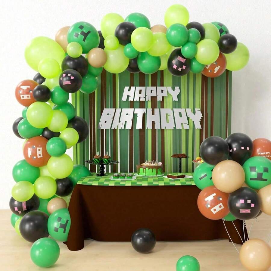 118pcs/Set Miner Themed Handmade Balloon Garland Arch Kit, Green, Brown, Miner Print & Other Latex Balloons, Suitable For Birthday Party, Cartoon/Pixel Video Game Party Decorations