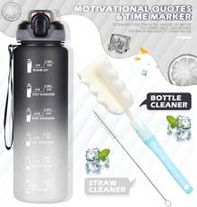1L Bottle With Straw,Bottle Dishwasher ,Leak-Proof Sports Drinks Bottle With Maker & Bottle Brush,Running,Cycling, Gym, School & Office,Black - 藍色漸變 - 查看 8