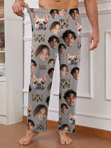 Printstory Customized Men's Pajama Pants With Unique Couple Portrait, Face Swap, And Pet Face Designs, Fall, Winter - Grey - View 4