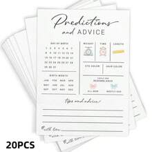 20 szt. kartek z poradami i przewidywaniami na temat dziecka, upominki na baby shower, dekoracje na baby shower, gry na baby shower dla nowych rodziców, gra powitalna na baby party, życzenia mamy i taty, ujawnienie płci chłopca lub dziewczynki, nowoczesny minimalistyczny design
