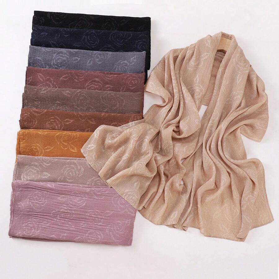 1pc Women Classic Solid Color Rose Embossed Pleated Scarf, Lightweight Breathable Casual Elegant, Suitable For Outings, Daily Wear, Fashion Traveling, Shawl
