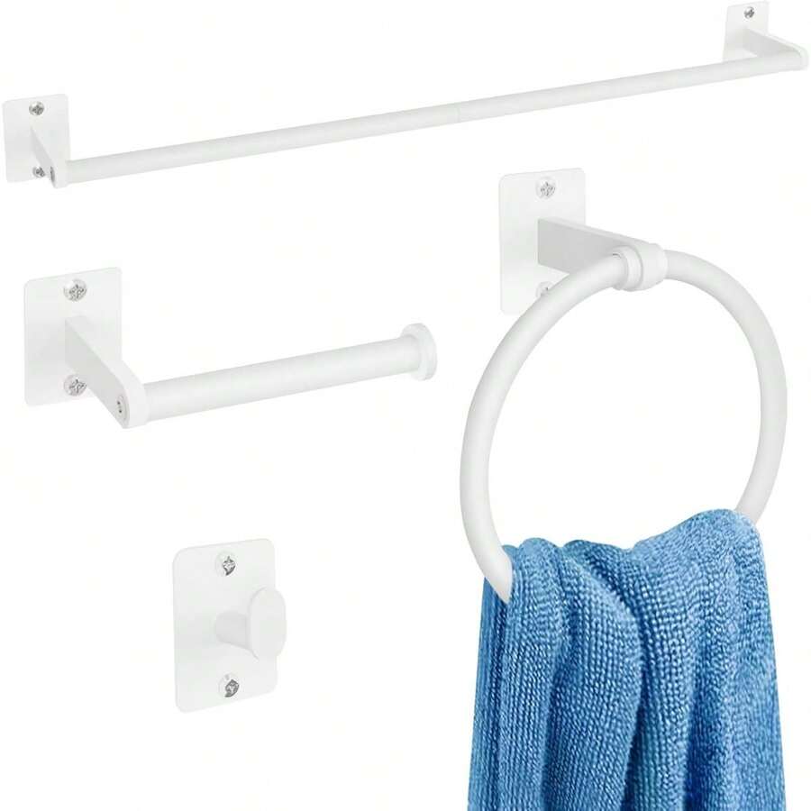 Matte Black Bathroom Accessories Set, KLJKPA 4 Pieces Bathroom Hardware Set, 24 Inch Towel Bar, Towel Racks For Bathroom, Robe Towel Hooks, Toilet Paper Holder Wall Mounted - 白色 - 查看 1